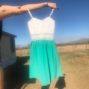 White/aqua midi thin strap dress